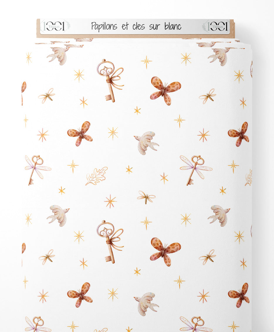 Tissu - Papillons et clés sur blanc