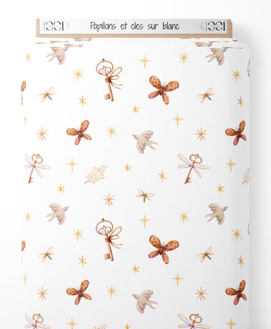 Tissu - Papillons et clés sur blanc