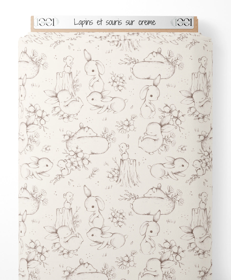 Tissu - Lapins et souris sur crème