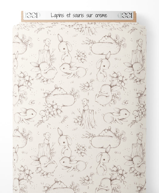 Tissu - Lapins et souris sur crème