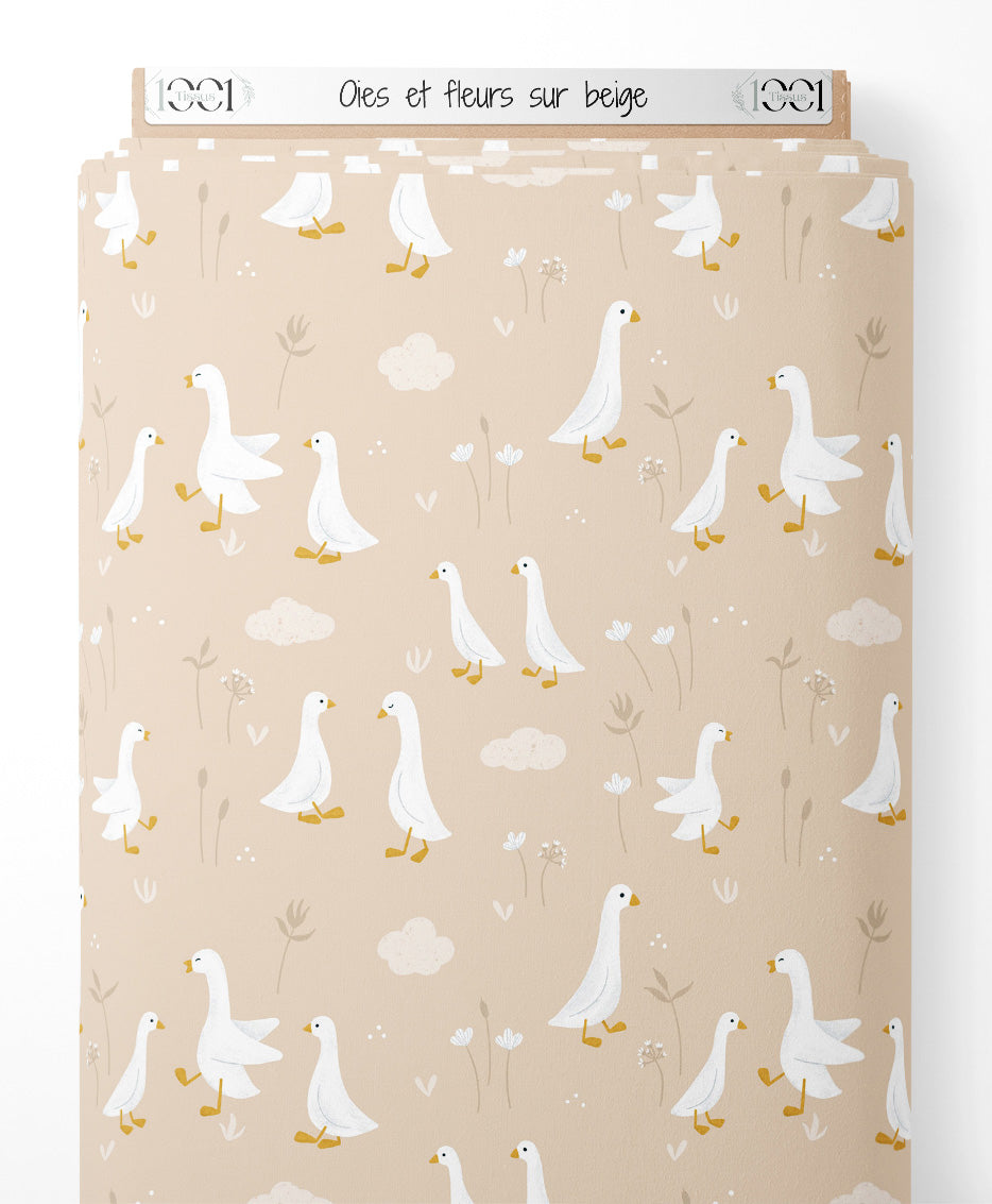 Tissu - Oies et fleurs sur beige