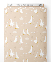 Tissu - Oies et fleurs sur beige