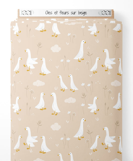 Tissu - Oies et fleurs sur beige
