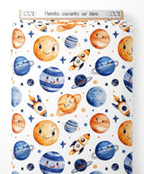 Tissu - Planètes souriantes sur blanc