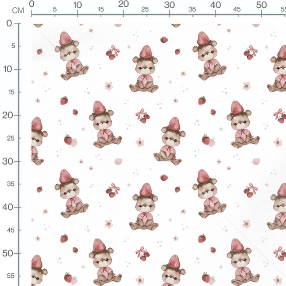 Tissu - Oursons et fraises roses