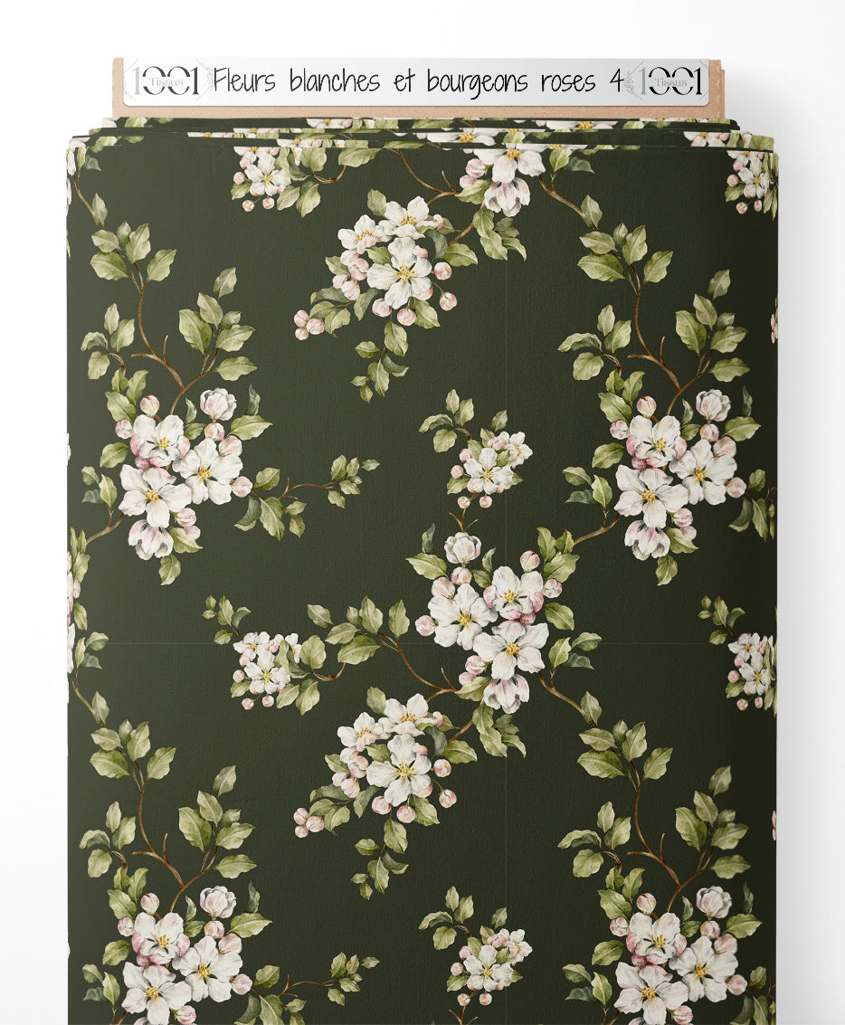Tissu - Fleurs blanches et bourgeons roses 4