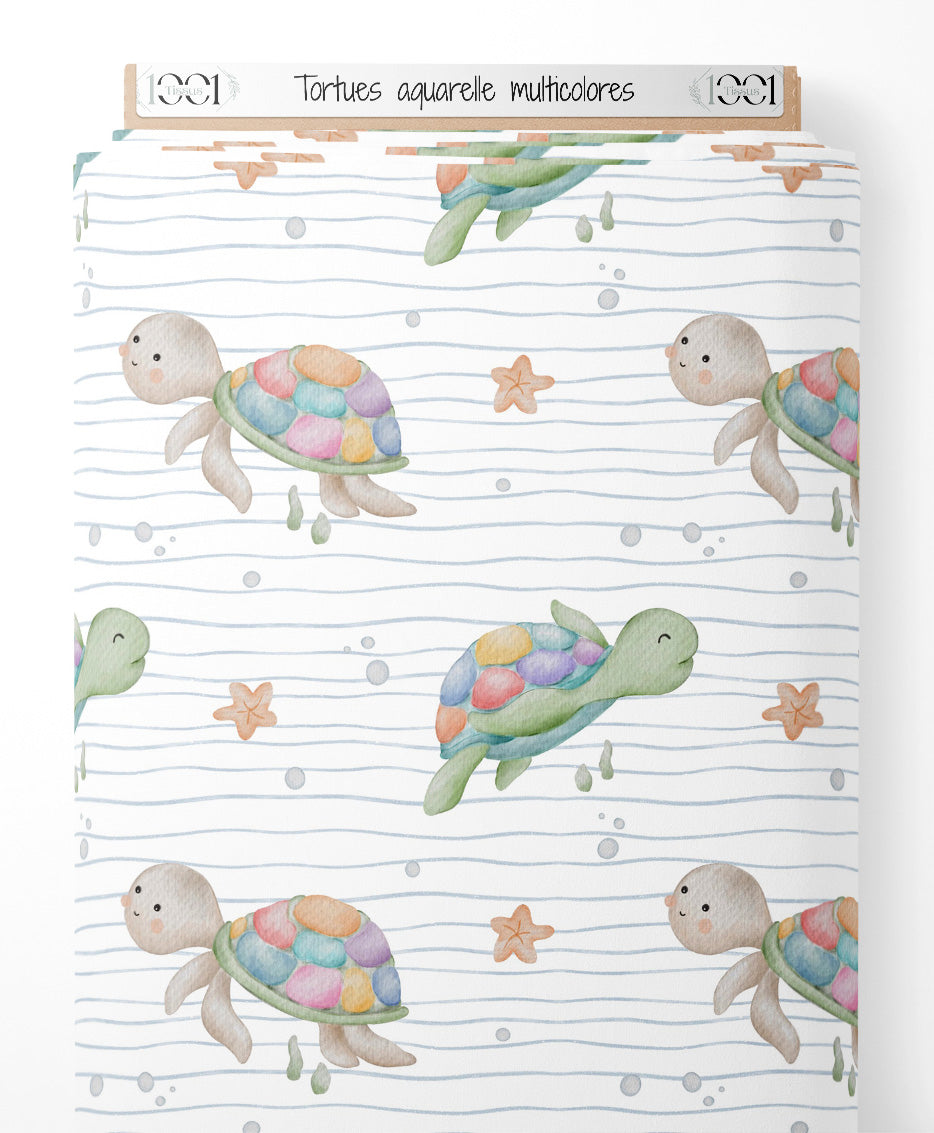 Tissu - Tortues aquarelle multicolores