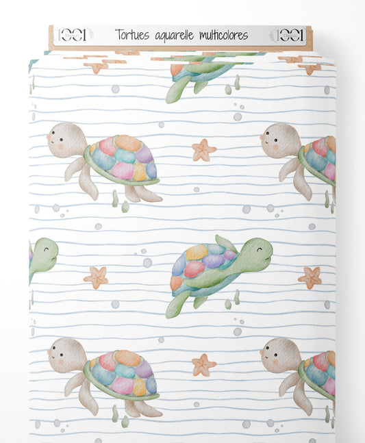Tissu - Tortues aquarelle multicolores