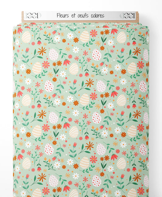 Tissu - Fleurs et œufs colorés