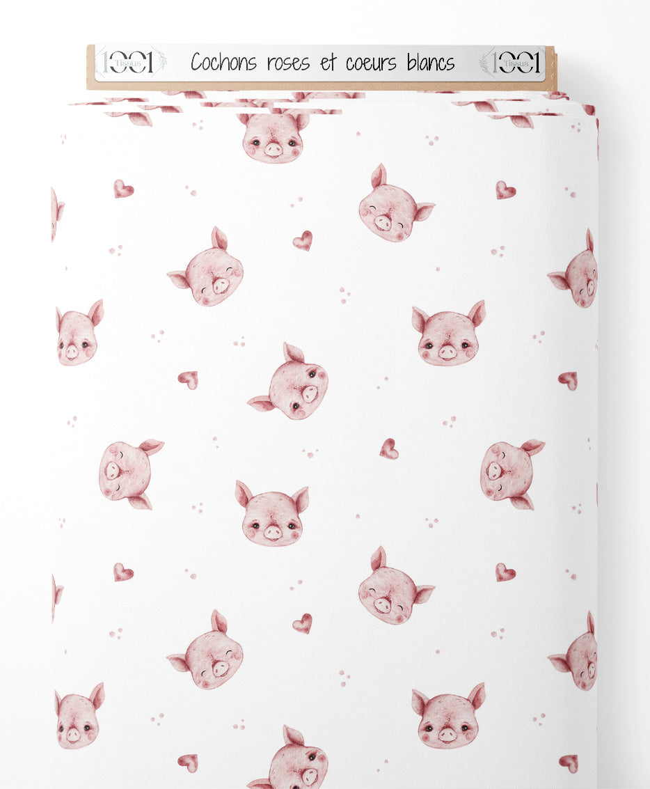 Tissu - Cochons roses et cœurs blancs