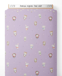 Tissu - Animaux mignons fond violet