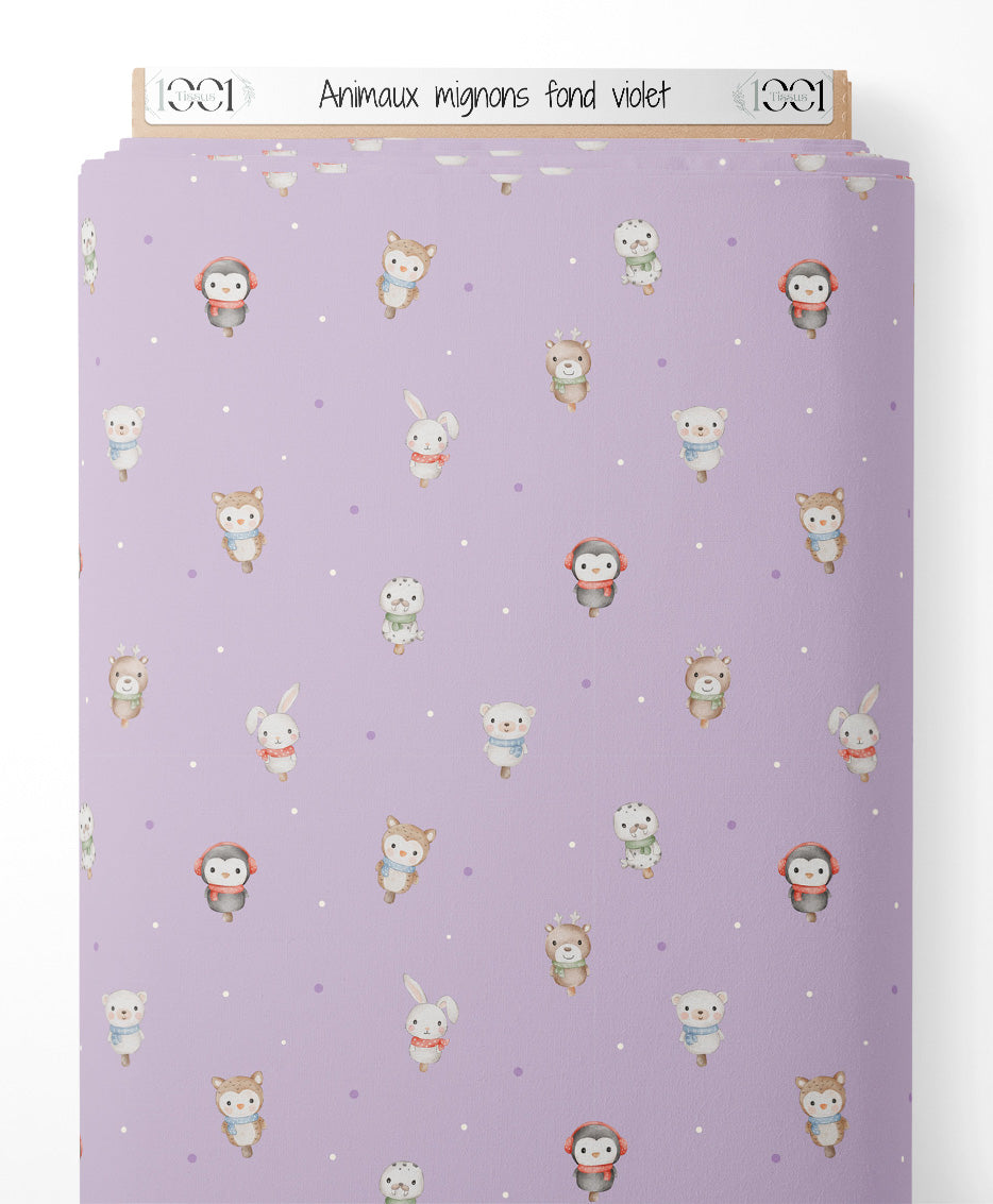 Tissu - Animaux mignons fond violet