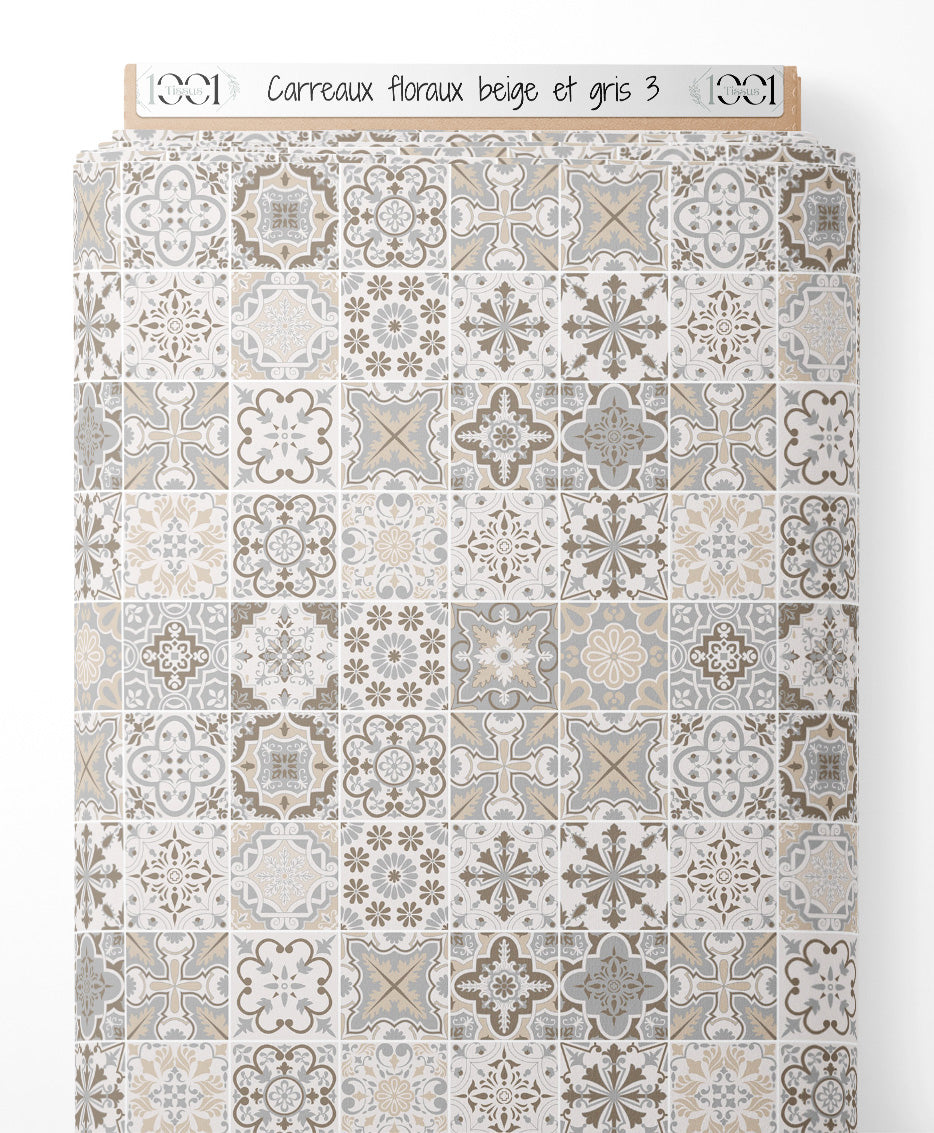 Tissu - Carreaux floraux beige et gris 3