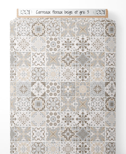 Tissu - Carreaux floraux beige et gris 3