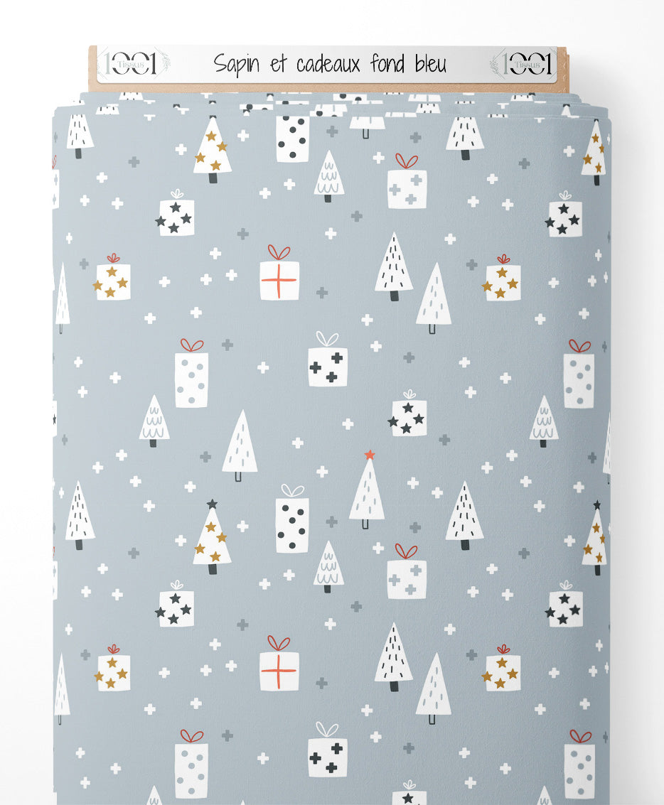 Tissu - Sapin et cadeaux sur fond bleu