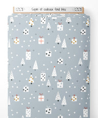 Tissu - Sapin et cadeaux sur fond bleu