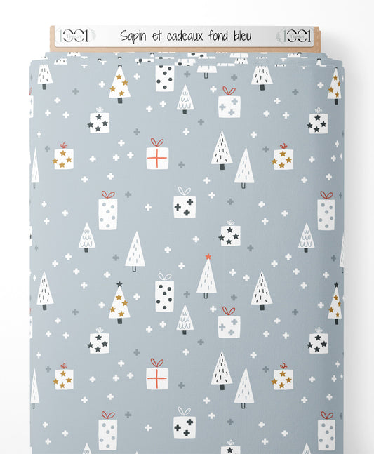 Tissu - Sapin et cadeaux sur fond bleu