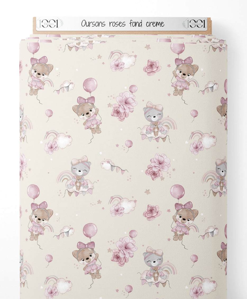 Tissu - Oursons roses sur fond crème
