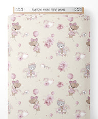 Tissu - Oursons roses sur fond crème