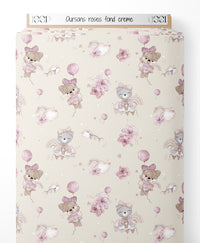 Tissu - Oursons roses sur fond crème