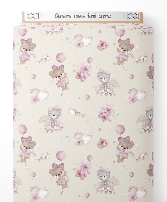 Tissu - Oursons roses sur fond crème