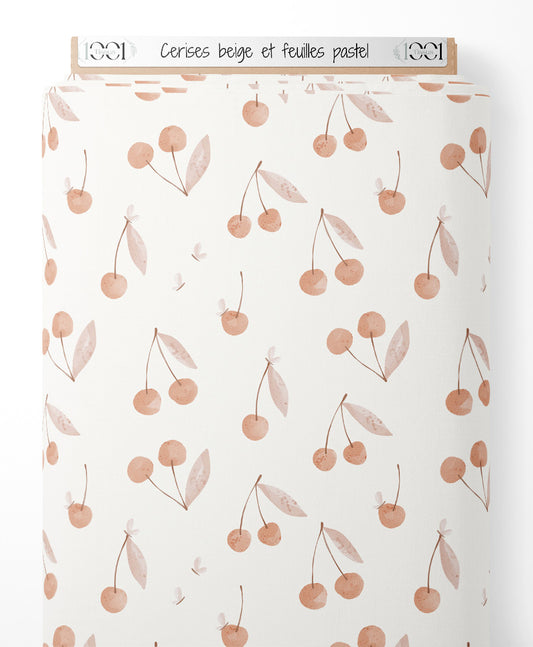 Tissu - Cerises beige et feuilles pastel