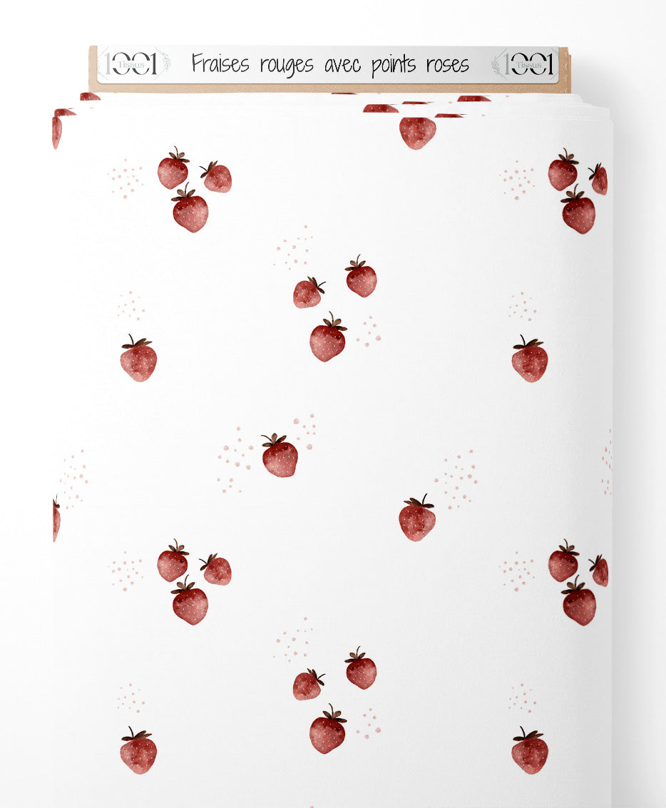 Tissu - Fraises rouges avec points roses