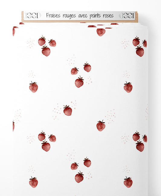 Tissu - Fraises rouges avec points roses