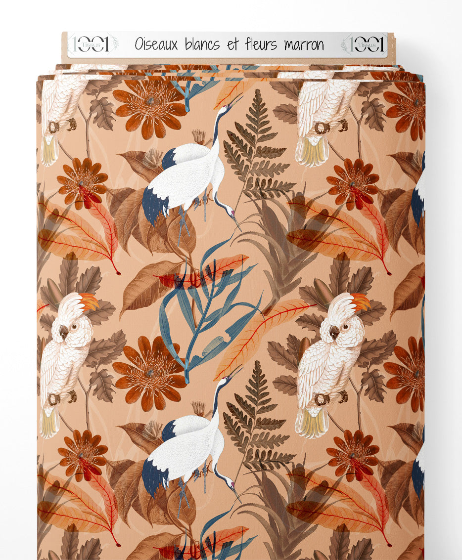 Tissu - Oiseaux blancs et fleurs marron