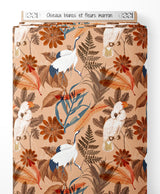Tissu - Oiseaux blancs et fleurs marron