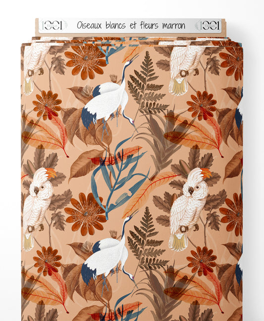Tissu - Oiseaux blancs et fleurs marron