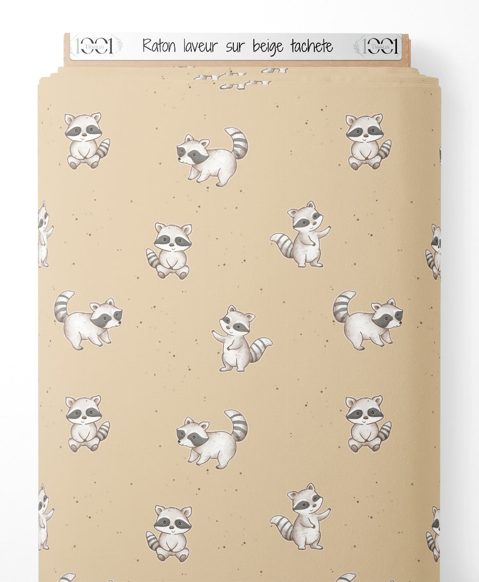 Tissu - Raton laveur sur beige tacheté