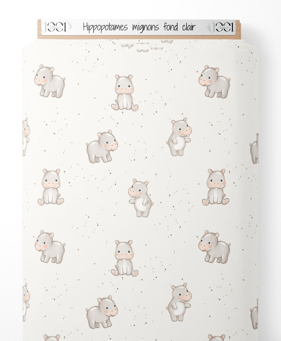Tissu - Hippopotames mignons sur fond clair