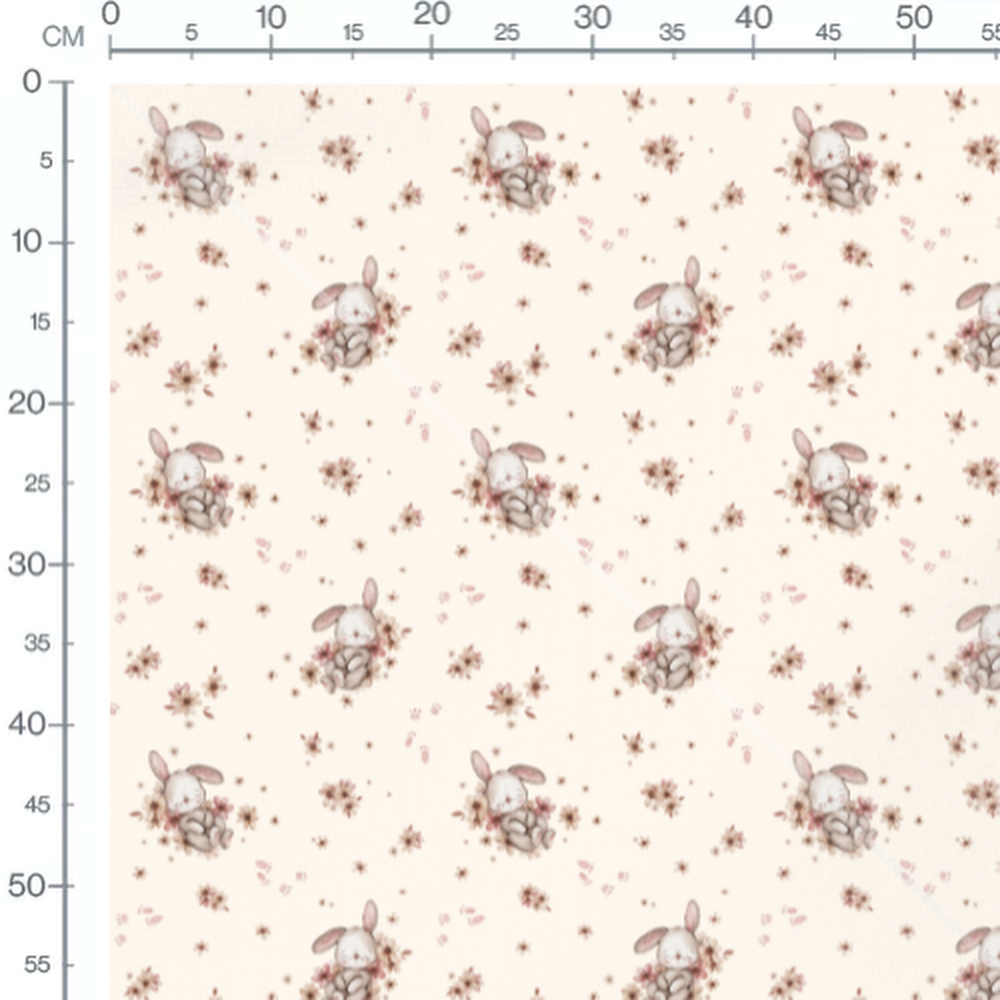 Tissu - Lapins et fleurs sur crème