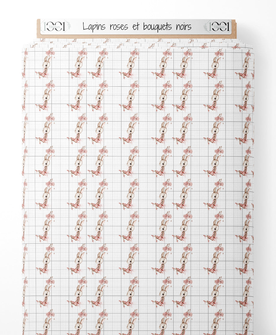 Tissu - Lapins roses et bouquets noirs