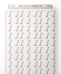 Tissu - Lapins roses et bouquets noirs