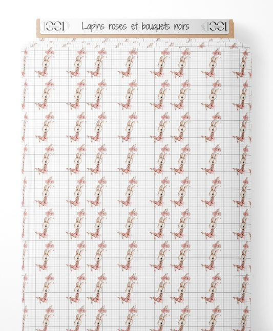 Tissu - Lapins roses et bouquets noirs