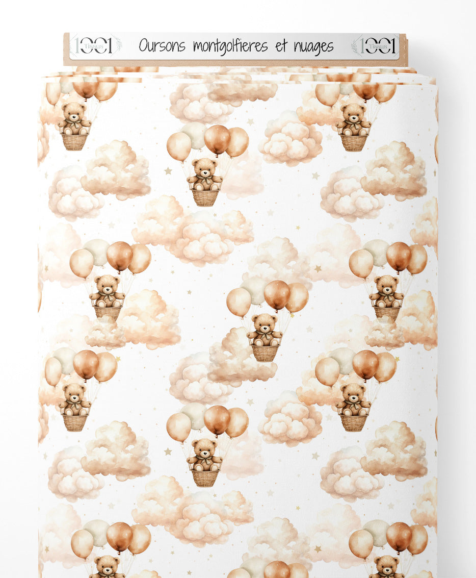 Tissu - Oursons montgolfières et nuages