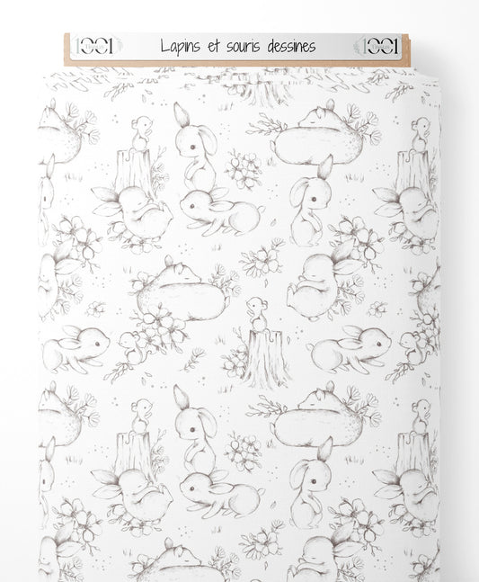 Tissu - Lapins et souris dessinés