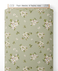 Tissu - Fleurs blanches et touches roses