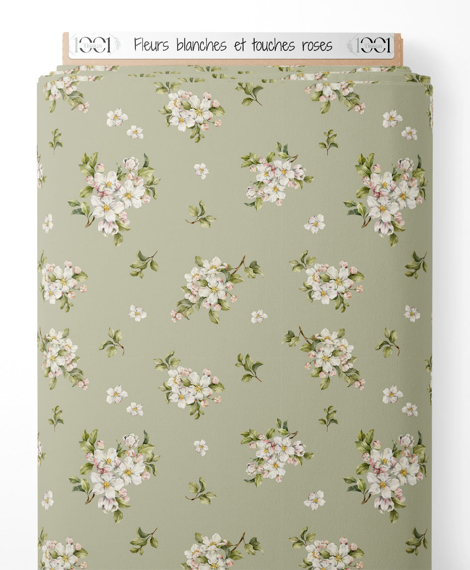 Tissu - Fleurs blanches et touches roses
