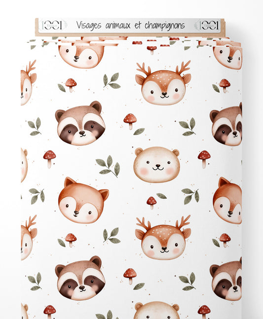 Tissu - Visages animaux et champignons