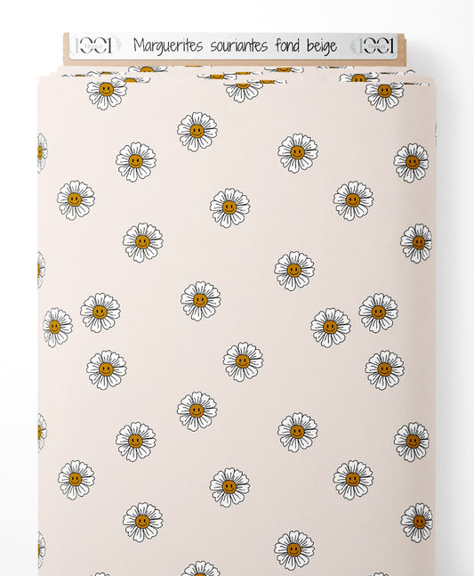 Tissu - Marguerites souriantes fond beige
