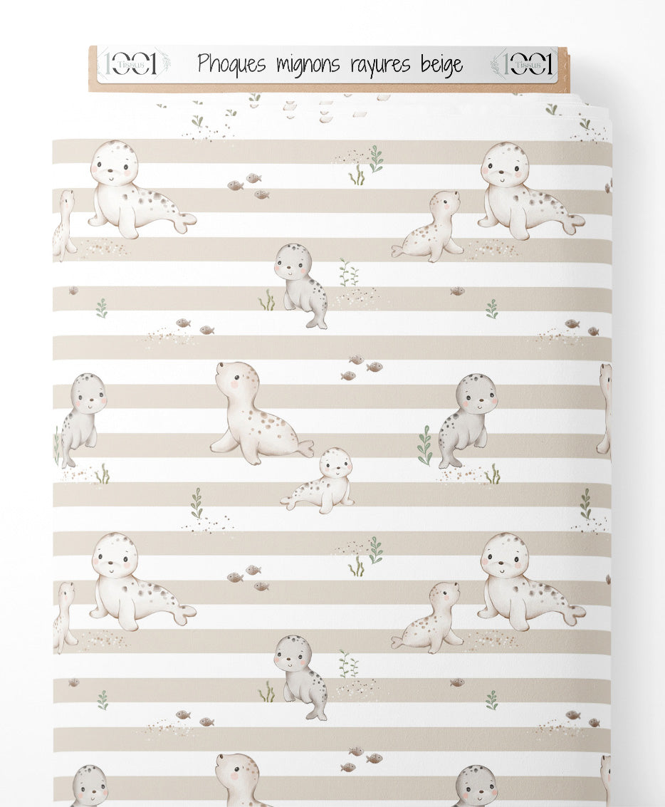 Tissu - Phoques mignons rayures beige