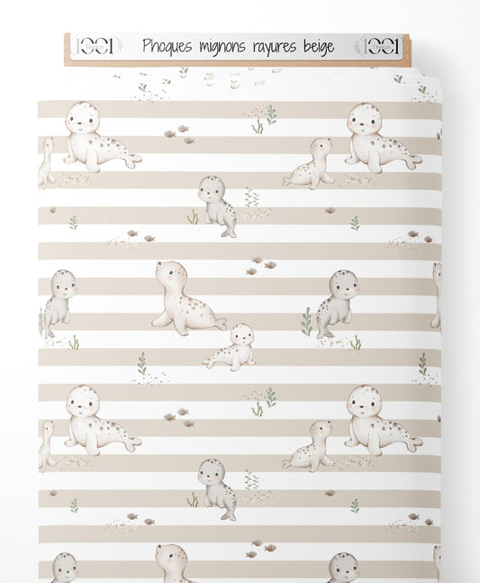 Tissu - Phoques mignons rayures beige