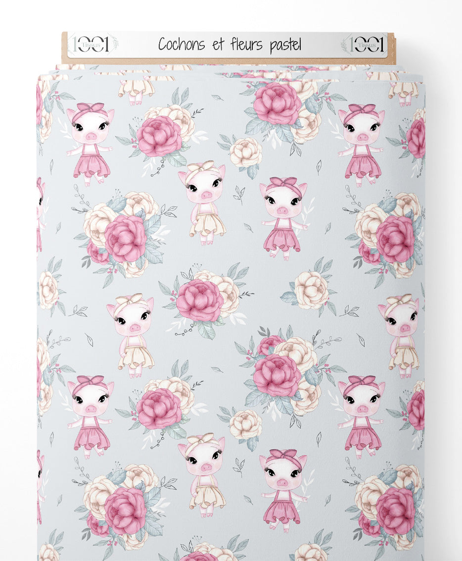 Tissu - Cochons et fleurs pastel