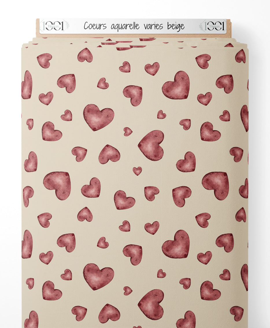 Tissu - Cœurs aquarelle variés beige