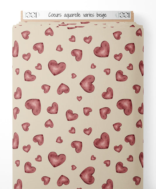 Tissu - Cœurs aquarelle variés beige