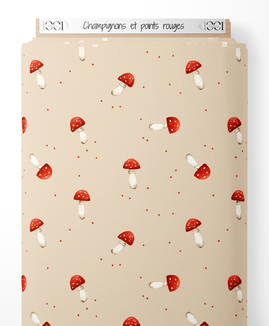 Tissu - Champignons et points rouges