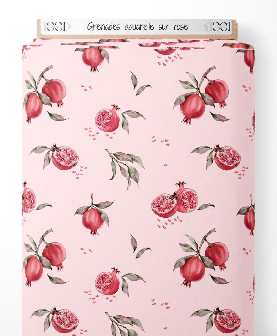 Tissu - Grenades aquarelle sur rose